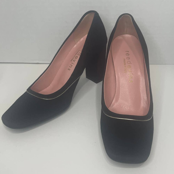 Reed Evins Black Suede Piped Pump Women's Heels 6M New in Box - Picture 2 of 12